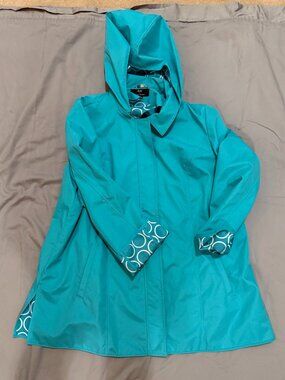Dennis Basso Women’s Teal Hooded Raincoat Jacket Size XL SKU042